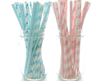 Pink and Blue Party Straws (50 Pack) - Stripe, Chevron, Polka Dot Straws