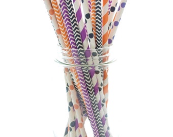 Halloween Party Straws (25 pack) - Orange, Black & Purple Straws, Party Novelty Straws, Halloween Drink Stirrers, Spooky Straw Set