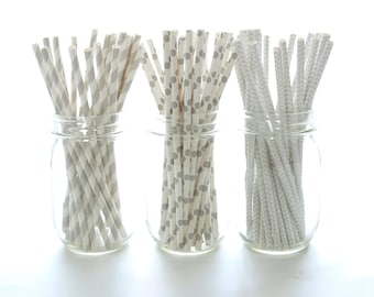 Silver Paper Straws, Wedding Party Drinking Straws, Long Paper Straws, 75 Pack - Silver Gray Stripe, Chevron & Polka Dot Party Straws