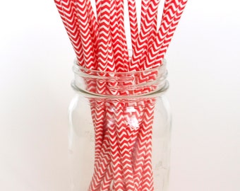Red Drinking Straws, Decorative Straws, Biodegradable Paper Straws, Red and White Chevron Straws, 25 Pack - Red Chevron Straws