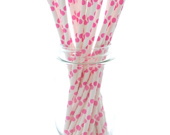 Hot Pink Polka Dot Paper Straws (25 Pack) - Birthday Party, Princess Party, Wedding, Baby Shower Straws