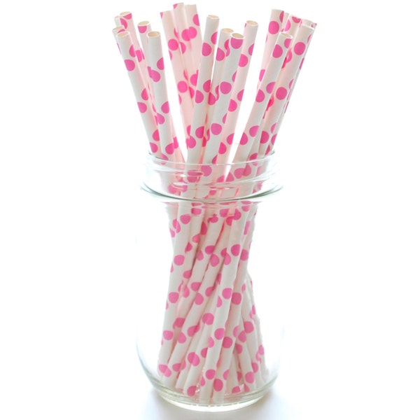 Hot Pink Polka Dot Paper Straws (25 Pack) - Birthday Party, Princess Party, Wedding, Baby Shower Straws