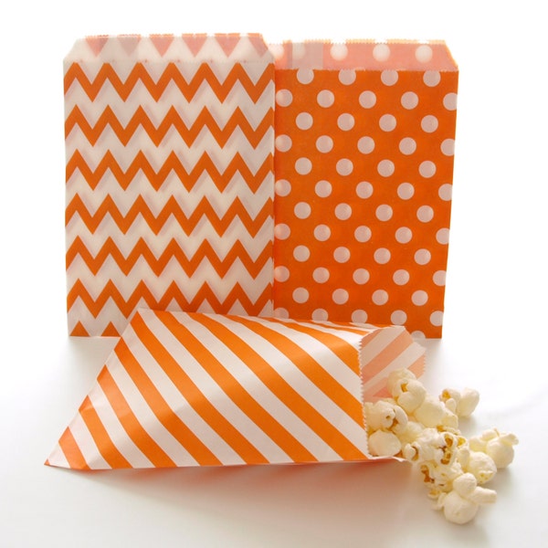 Orange Paper Party Bags, Orange Candy Bags, Wedding Favor Sacks, Orange Goody Bags, 75 Pack - Orange Striped, Chevron & Polka Dot Bags