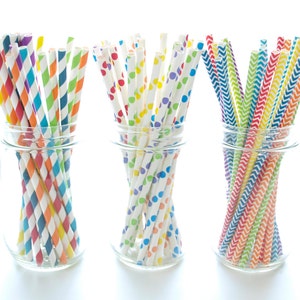 Rainbow Assorted Party Straws, Chevron Straws, Stripe Stirrer Straws, Polka Dot Drink Stirs, 75 Pack - Rainbow Paper Straws