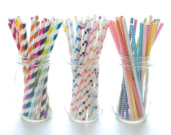 Multi Assorted Straws (Pack of 75) - Chevron Straws, Rainbow Striped Straws, Polka Dot Soda Straws, Colorful Multi Color Party Straws