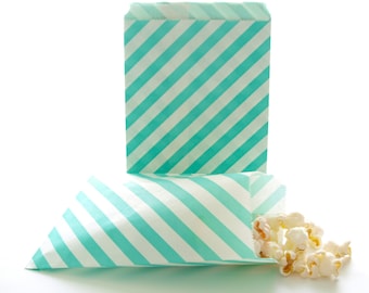 Teal Green Stripe Paper Goodie Bags (25 Pack)