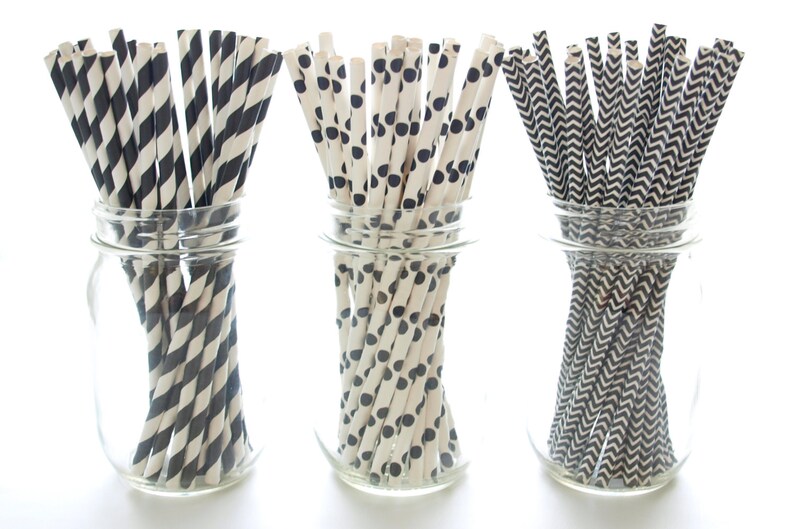 Old Fashioned Striped Straws 75 Pack Black Straws Chevron /& Polka Dot Straws Vintage Paper Straws Party Drinking Straws Black Stripe