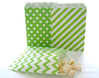 Green Party Favor Bags (75 Pack - 1 of each design) - Treat Bags, Candy Bags, Green Stripe, Chevron & Polka Dot Bags