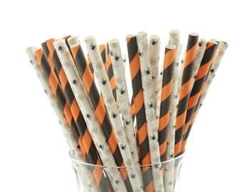 Halloween Stripes and Spiders Paper Straw Set (50 Pack) - Halloween Party Supplies