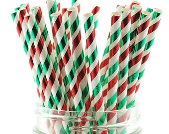 Christmas Foil Paper Straws: Red and Green Striped Holiday Party Decor (25 Pack)