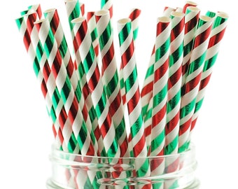 Christmas Foil Straws (25 Pack) - Red and Green Striped Christmas Straws, Tinsel Straws, Holiday Party Straws