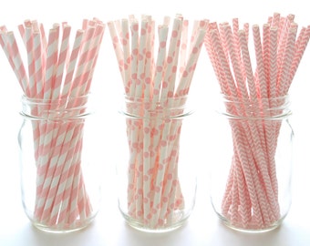 Pink Party Straws, Milkshake Straws, Paper Party Straws, Pink and White Wedding Straws, 75 Pack - Pink Stripe, Chevron & Polka Dot Straws