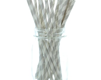 Silver Paper Straws, Stir Sticks, Anniversary Party Straws, Vintage Striped Straws, 25 Pack - Silver Striped Straws