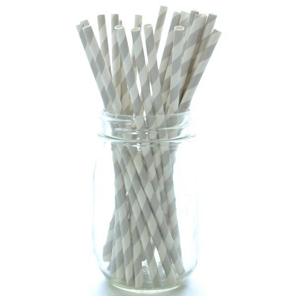 Silver Paper Straws, Stir Sticks, Anniversary Party Straws, Vintage Striped Straws, 25 Pack - Silver Striped Straws
