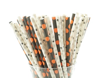Halloween Dots and Spiders Paper Straw Set (50 Pack) - Halloween Party Supplies