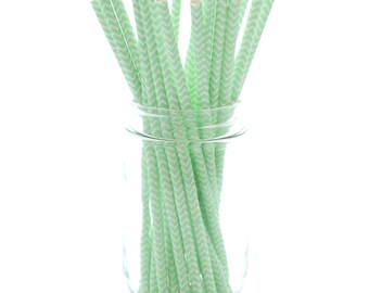 Mint Green Paper Straws, Striped Drinking Straws, Paper Party Straws, 25 Pack - Mint Green Chevron Straws