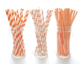 Orange Drinking Straws, Paper Straws, Stir Stick, Long Drinking Straws, 75 Pack - Orange Stripe, Chevron & Polka Dot Party Straws