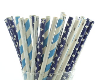 Space Theme Straws (25 Pack) - Blue and Silver Party Supplies