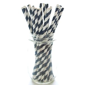 Black Drinking Straws, Decorative Straws, Graduation Party Straws, Black and White Paper Straws, 25 Pack - Black Striped Straws