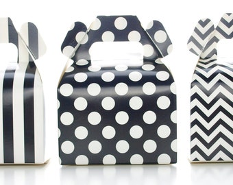 Wedding Favor Boxes, Black Gift Boxes (36 Pack)- Polka Dot, Chevron, Striped Small Black Candy Boxes, Birthday Party Favor Treat Gable Boxes