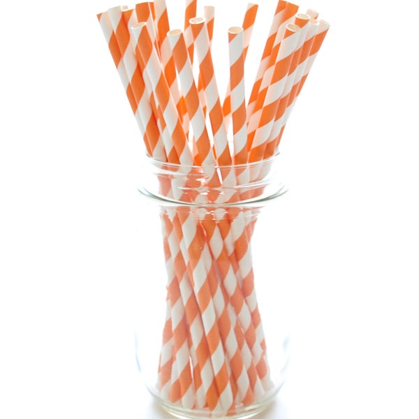 Orange Straws, Paper Drinking Straws, Pumpkin Straws, Halloween Straws, 25 Pack - Orange Striped Straws