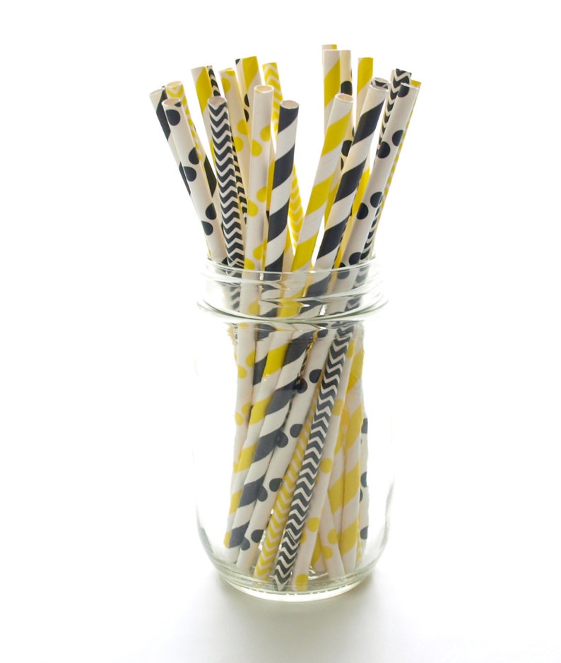 Bumblebee Black & Yellow Straws 25 Pack Happy Bee Day, Mama To Bee Baby Shower, Bee Party Straws image 1