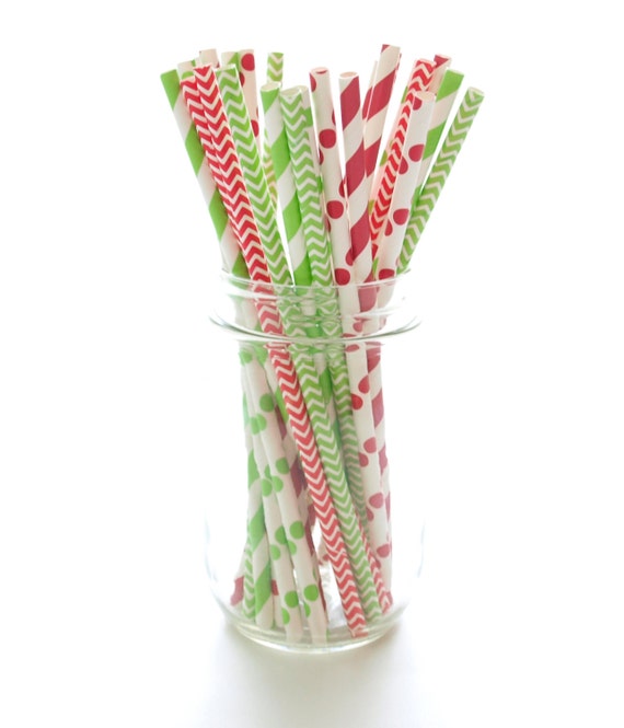 Christmas Foil Straws 25 Pack Red and Green Striped Christmas Straws,  Tinsel Straws, Holiday Party Straws 