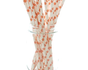 Orange Party Straws, Cool Straws, Long Paper Straws, Wedding Party Straws, 25 Pack - Orange Polka Dot Straws