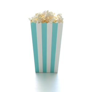 Aqua Blue Stripe Popcorn Boxes (12 Pack) - Paper Wedding Boxes, Miniature Candy Cartons, Open Top Treat Tubs