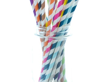 Striped Paper Straws, Long Straws, Bulk Drinking Straws, Rainbow Paper Straws, 25 Pack - Assorted Color Stripe Straws