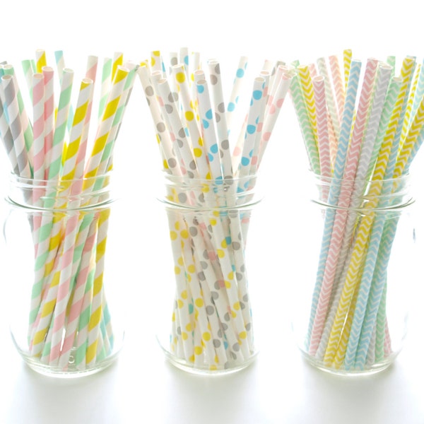 Pastel Easter Straws, Retro Chevron Straws, Striped Drinking Straws, Polka Dot Paper Straws, 75 Pack - Pastel Paper Party Straws