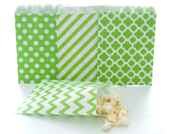 Green Paper Party Bags (100 Pack) - Stripe, Chevron, Spanish Tile, Polka Dot - Bulk Party Supplies, Candy Buffet Wedding Favor Bags