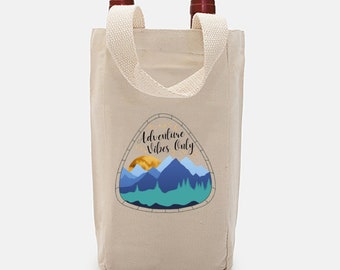 Adventure Vibes Wine Tote Bag For 2 Bottles, Hiking Gift, Outdoorsy Gift For Women, Canvas Wine Tote, Camping Gift, Reusable Wine Bag