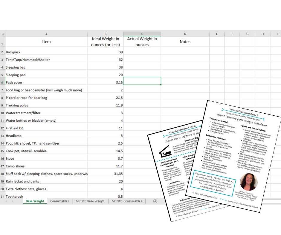 Excel Spreadsheet Backpacking Base Weight List Backpacking Gear