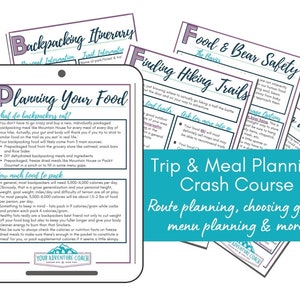 Può includere: Una grafica blu turchese e bianca con il testo "Trip & Meal Planning Crash Course" in bianco. La grafica include anche il testo "Route planning, choosing gear, menu planning & more".
