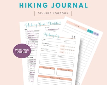 Afdrukbaar wandeldagboek, wandellogboek, digitaal wandeldagboek, afdrukbare wandelchecklist, 52 Hike Challenge Tracker