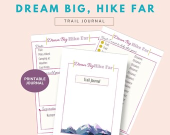 Dream Big Hike Far druckbares Wanderjournal für Wanderer, Digitales Wandertagebuch, Wanderlogbuch, 52 Hike Challenge Tracker, Camping Journal