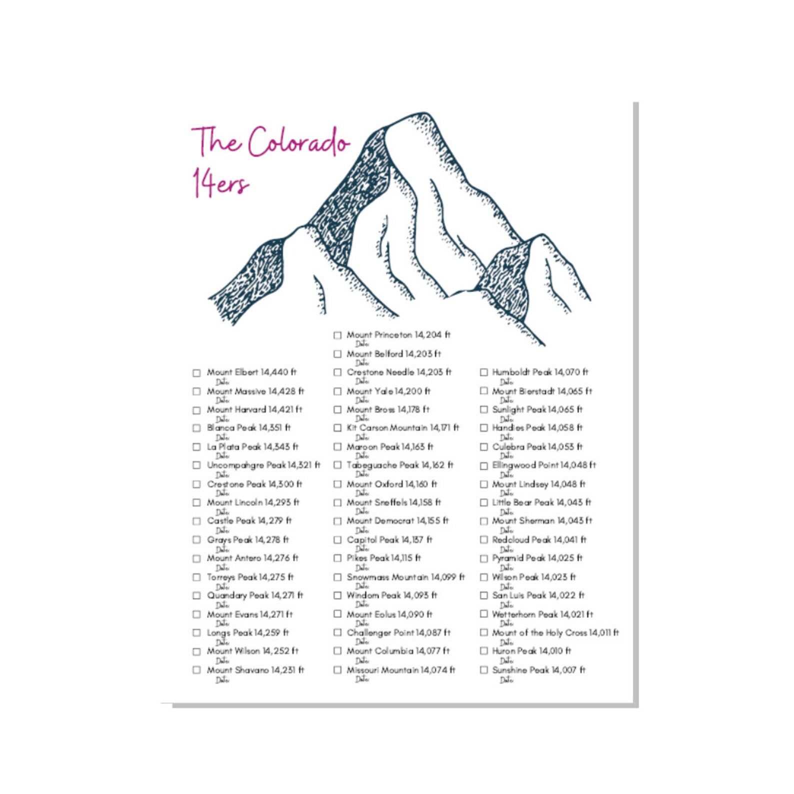 Printable Colorado 14ers Poster 14ers Checklist Downloadable Etsy