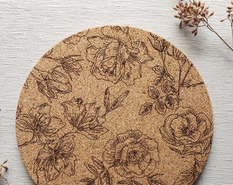 Floral Trivet || Laser Engraved Cork Trivet || Floral Home Decor || Housewarming Gift