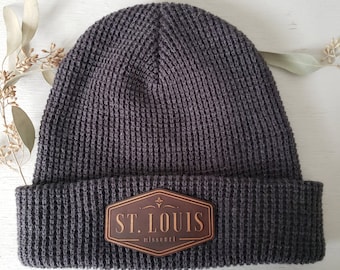 St. Louis Seal Beanie || STL Beanie with Laser Engraved Leather Patch