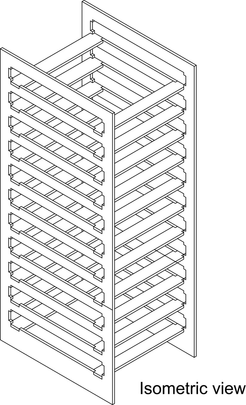 May include: Isometric view of a rectangular structure with multiple horizontal shelves. The structure is depicted in a black and white line drawing, with the text "Isometric view" at the bottom.