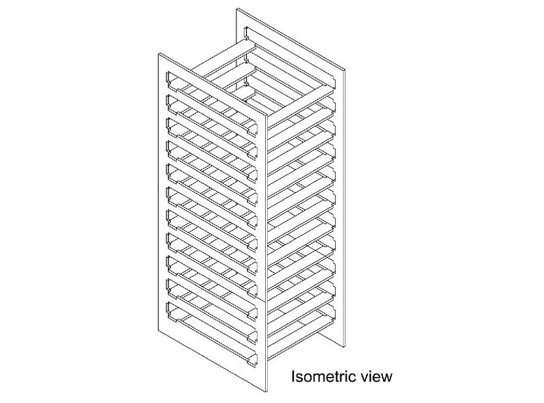 May include: Isometric view of a tall, rectangular wooden shelf unit with multiple horizontal shelves. The unit is constructed with a series of parallel slats, creating a grid-like appearance. The text "Isometric view" is visible.