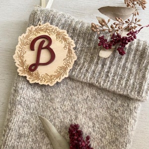 Monogram Christmas Wreath Ornament | Personalized Stocking Tag | Wooden Initial Gift Tag | Laser Cut Wine Hanger Hostess Gift