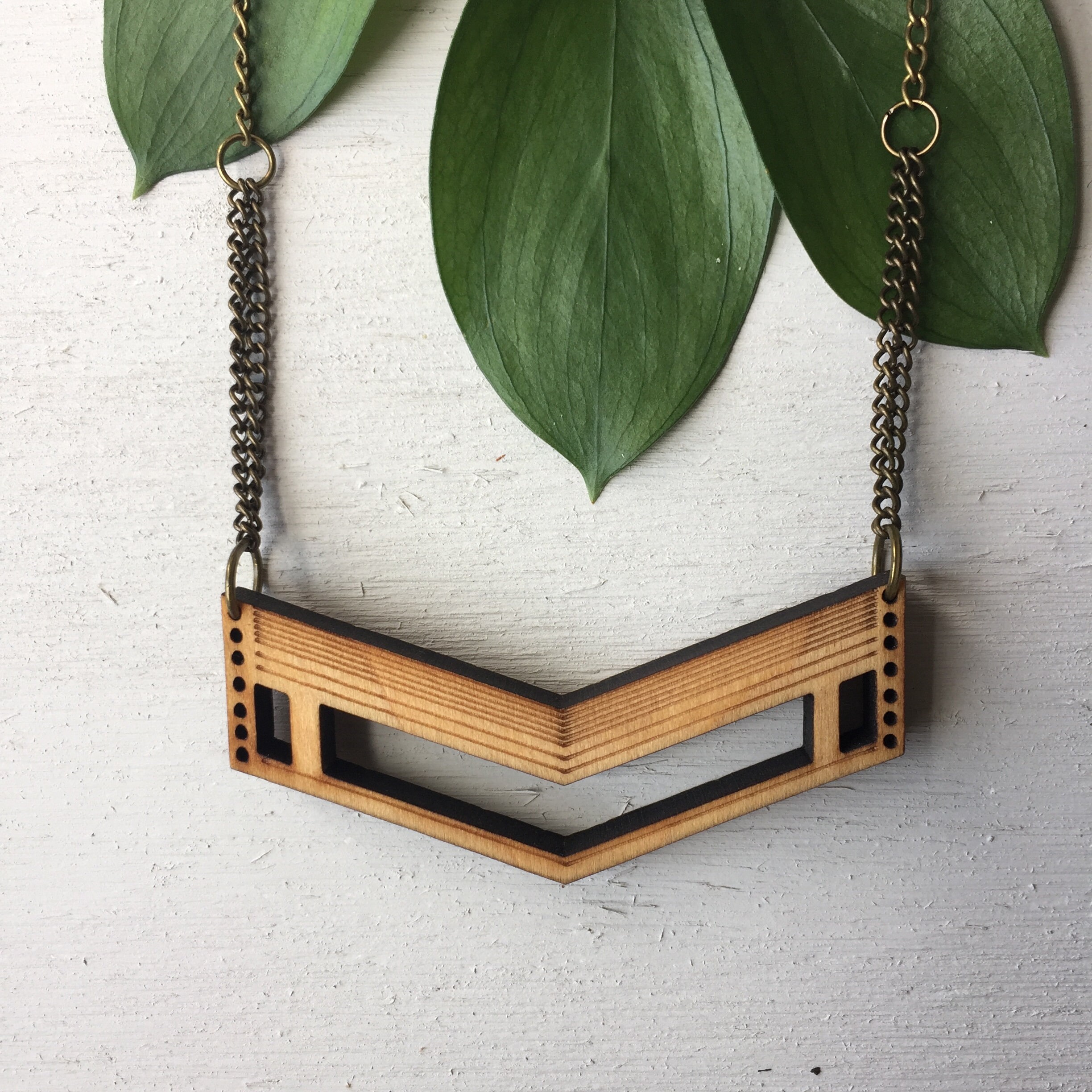 Art Deco Laser Cut Wood Necklace Chevron Wooden Laser Cut Necklace