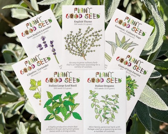 Culinary Herb Seed Collection - 7 packets - thyme, oregano, rosemary, lavender, sage, cilantro, parsley seeds gift gardener hand illustrated