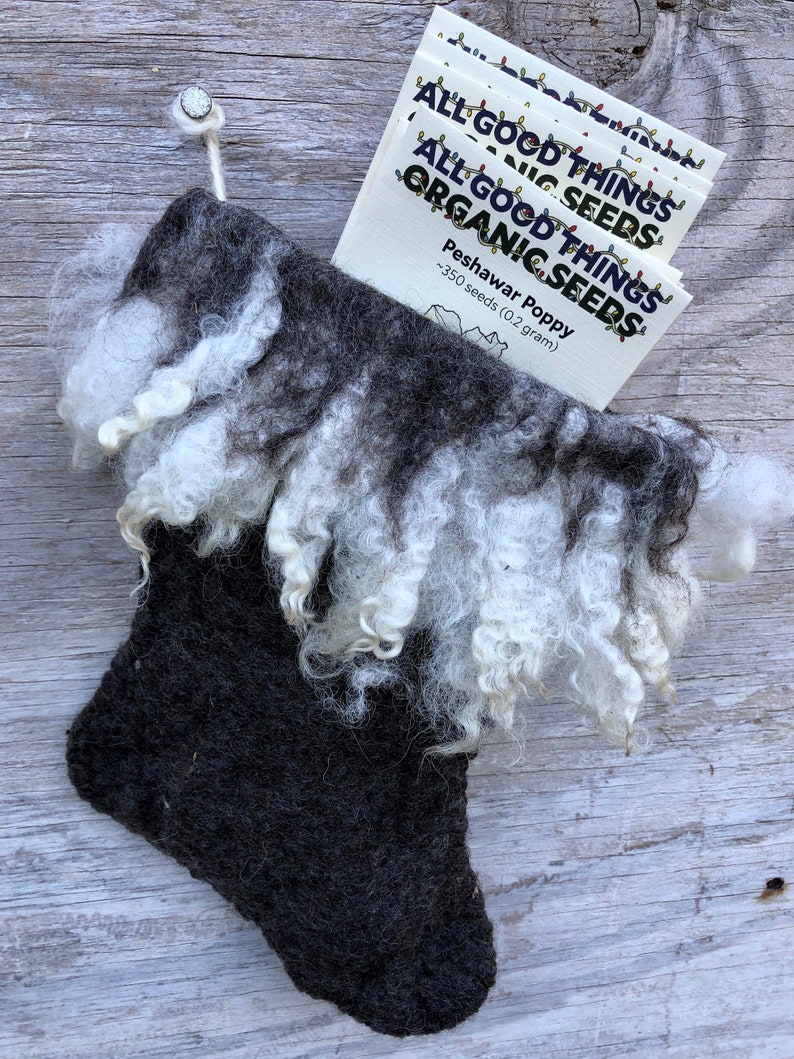 Handmade Dark Gray Christmas Stocking Stuffed with 10 Packets of Certified Organic Seeds