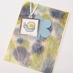 Cross Stitch Ornament Card- Handmade Greeting Card- Snail Image- Blank