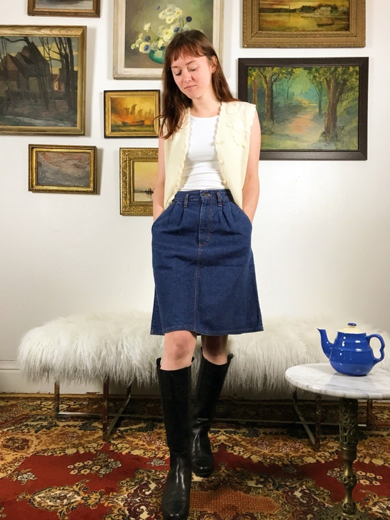 denim skirt with knee high boots