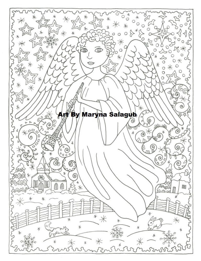 Christmas angel coloring page art Download print color Printable digital Digital stamp doodle DIY zentangle christmas winter holiday