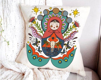Embroidered Gobelin Decorative Pillow Home Decor w/ Russian Nesting Doll Art 18" 